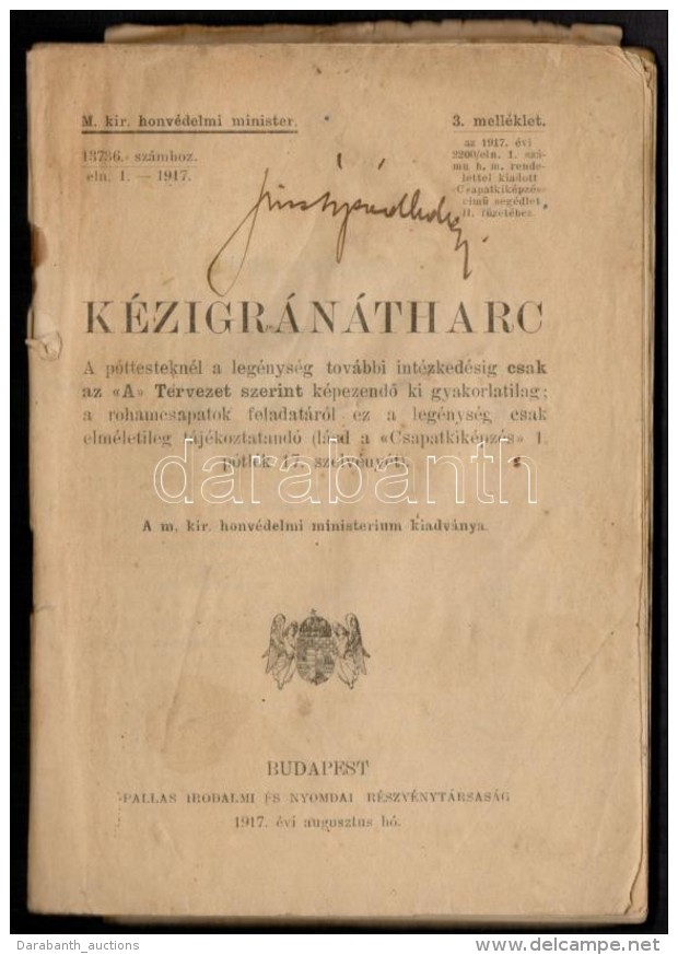 K&eacute;zigr&aacute;n&aacute;tharc.. Bp., 1917. Pallas. Kiad&oacute;i Pap&iacute;rk&ouml;t&eacute;sben. 61p. + 7... - Unclassified