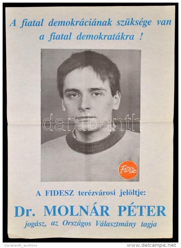 1990 A FIDESZ V&aacute;laszt&aacute;si Plak&aacute;tja, Dr. Moln&aacute;r P&eacute;ter, 59x41 Cm - Autres & Non Classés