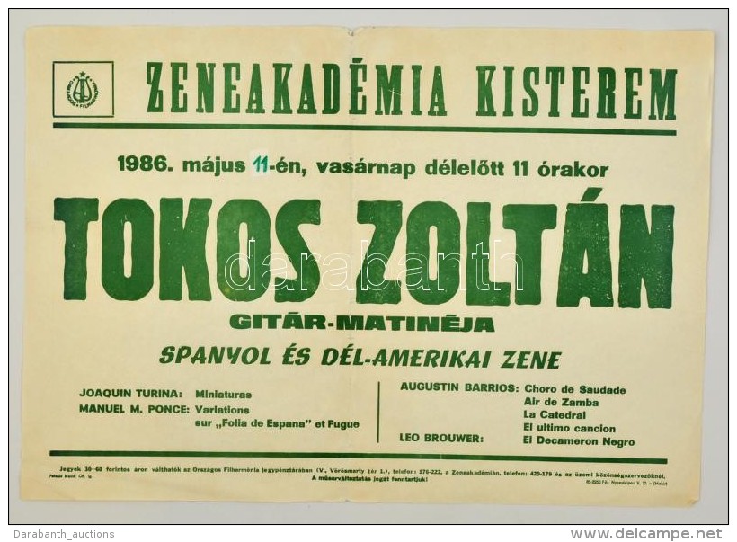 1986 Zeneakad&eacute;mia, Tokos Zolt&aacute;n Git&aacute;r-matin&eacute;j&aacute;nak Plak&aacute;tja, Hajtott,... - Autres & Non Classés