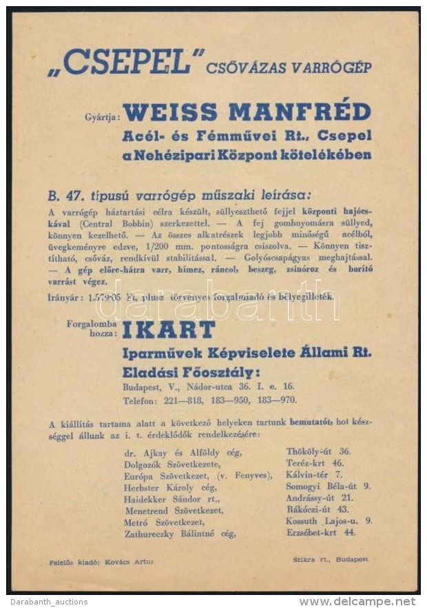 Cca 1940 Weiss Manfr&eacute;d Gy&aacute;r Csepel Varr&oacute;g&eacute;p Rekl&aacute;mnyomtatv&aacute;ny - Non Classés