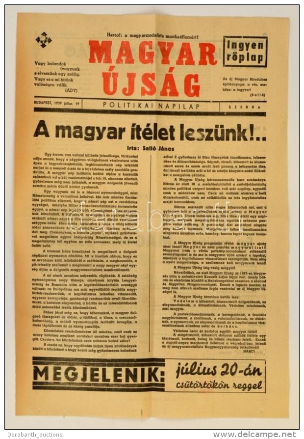 1939 A Magyar &Uacute;js&aacute;g Nemzetiszocialista, Nyilas &uacute;js&aacute;g Egy Sz&aacute;ma - Non Classés