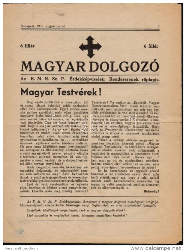 1938 A Magyar Dolgoz&oacute; Nemzetiszocialista, Nyilas &uacute;js&aacute;g  Egy Sz&aacute;ma - Zonder Classificatie