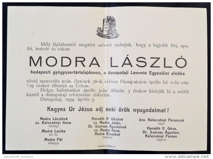 1934 Modra L&aacute;szl&oacute; Budapesti Gy&oacute;gyszert&aacute;rtulajdonos, Dunapataji Levente Egyes&uuml;let... - Non Classés