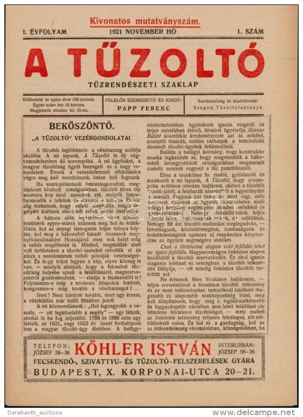 1921 A TÅ±zolt&oacute; C. &uacute;js&aacute;g  Indul&oacute; Sz&aacute;ma - Non Classés