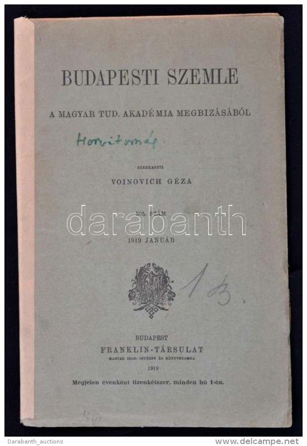 1919 Budapesti Szemle. 1919 Janu&aacute;r, 505. Sz&aacute;m. Szerk.: Voinovich G&eacute;za. Bp.,... - Non Classés