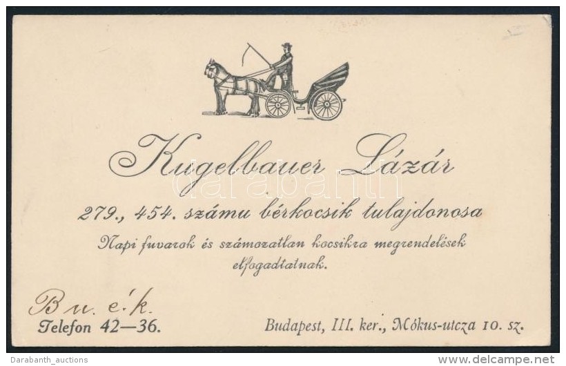 Cca 1910 B&eacute;rkocsi Tulajdonos N&eacute;vjegyk&aacute;rty&aacute;ja, 7x11,5 Cm - Zonder Classificatie