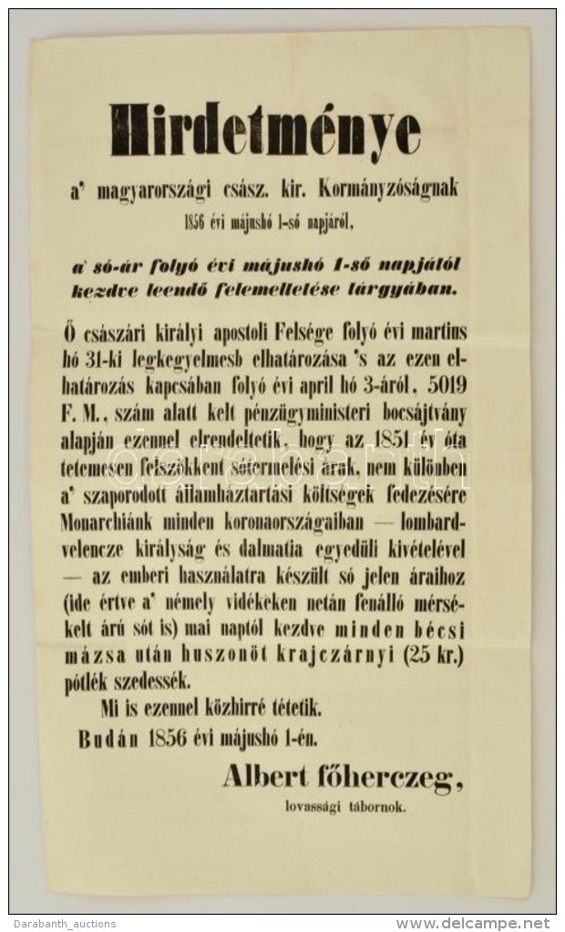 1856 Hirdetm&eacute;ny A S&oacute;&aacute;r Felemel&eacute;se T&aacute;rgy&aacute;ban. Buda, K&eacute;tnyelvÅ±... - Zonder Classificatie