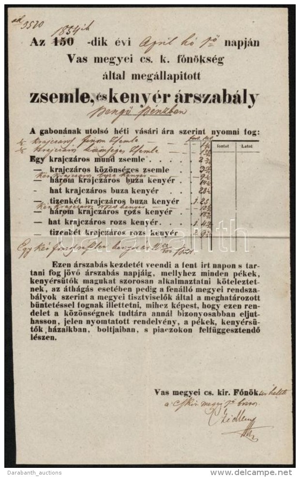1854 Vas Megye Zsemle &eacute;s Keny&eacute;r &aacute;rszab&aacute;ly Hirdetm&eacute;ny 22x34 Cm - Zonder Classificatie
