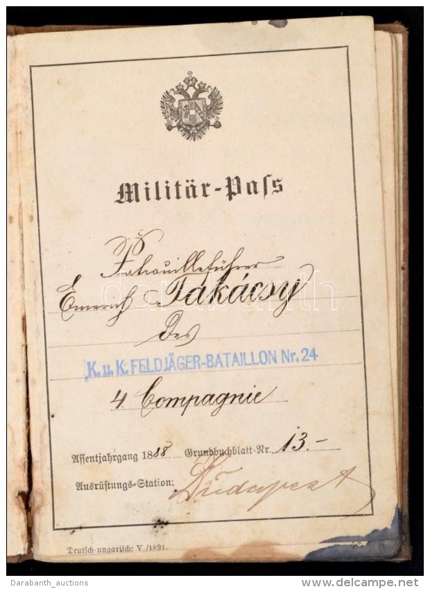 1888 Osztr&aacute;k-Magyar Hadsereg Katona Igazolv&aacute;nya, K. U. K. Feldj&auml;ger-Bataillon Nr. 24. 4.... - Autres & Non Classés