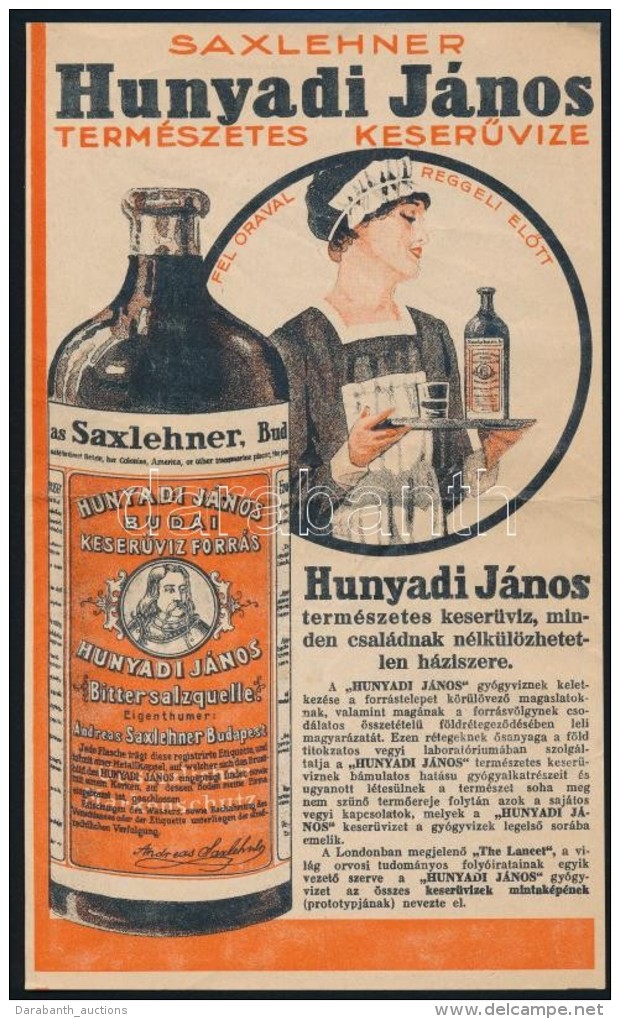 Cca 1910-1930 Saxlehner Hunyadi J&aacute;nos Term&eacute;szetes KeserÅ±vize, Sz&oacute;r&oacute;lap,... - Advertising