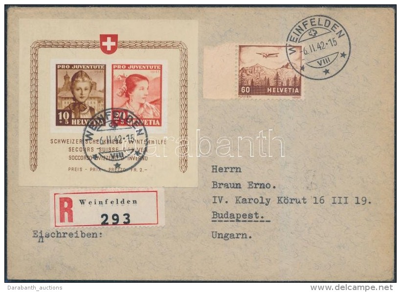 1941 Pro Juventute Blokk Mi 6 Aj&aacute;nlott Lev&eacute;len Budapestre / On Registered Cover To Hungary - Andere & Zonder Classificatie