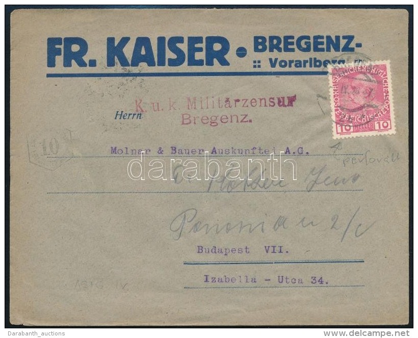 1916 Lev&eacute;l Perfin B&eacute;lyeggel 'K.u.k. Milit&auml;rzensur Bregenz' - Autres & Non Classés
