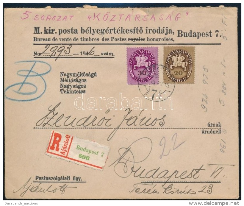 1946 Helyi Aj&aacute;nlott Lev&eacute;l 30+20 Ezer PengÅ‘ B&eacute;rmentes&iacute;t&eacute;ssel 'BUDAPEST' - Autres & Non Classés