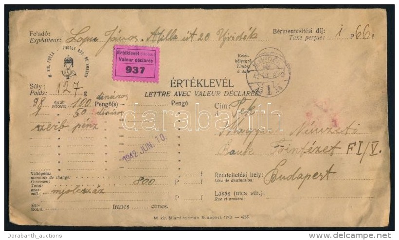 1942 &Eacute;rt&eacute;klev&eacute;l 9.800 PengÅ‘rÅ‘l, 1,66P B&eacute;rmentes&iacute;t&eacute;ssel / Insured Cover... - Autres & Non Classés