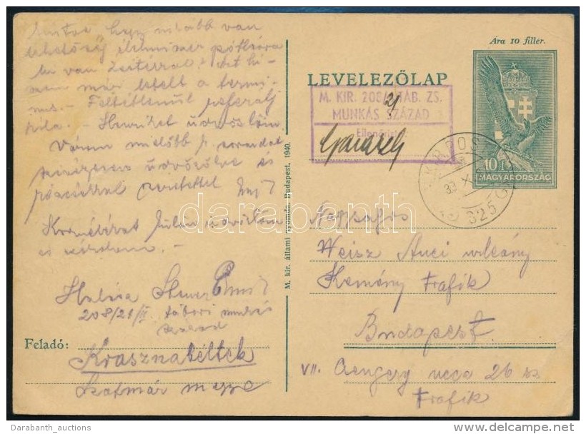 1940 T&aacute;bori D&iacute;jjegyes LevelezÅ‘lap / Field PS-card 'M.KIR. 208/21 T&Aacute;B. ZS. MUNK&Aacute;S... - Autres & Non Classés