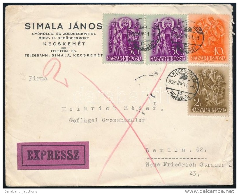 1938 Expressz Lev&eacute;l 2 X 50f Szent Istv&aacute;n B&eacute;rmentes&iacute;t&eacute;ssel - Andere & Zonder Classificatie