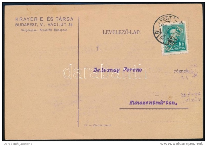 1936 C&eacute;ges LevelezÅ‘lap Perfin B&eacute;lyeggel / Business Postcard With Perfin Stamp - Andere & Zonder Classificatie