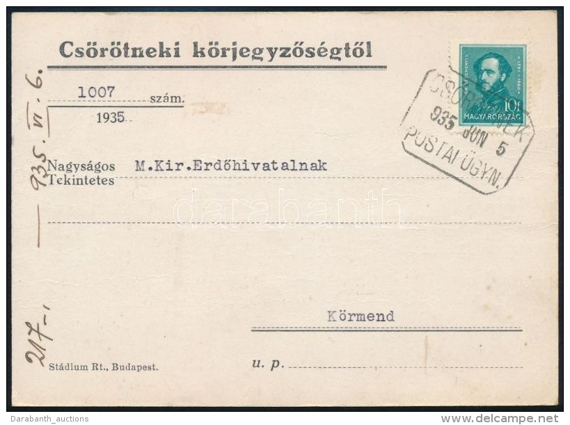 1935 Nyomtatv&aacute;ny CS&Ouml;R&Ouml;TNEK Posta&uuml;gyn&ouml;ks&eacute;gi B&eacute;lyegz&eacute;ssel / Printed... - Autres & Non Classés