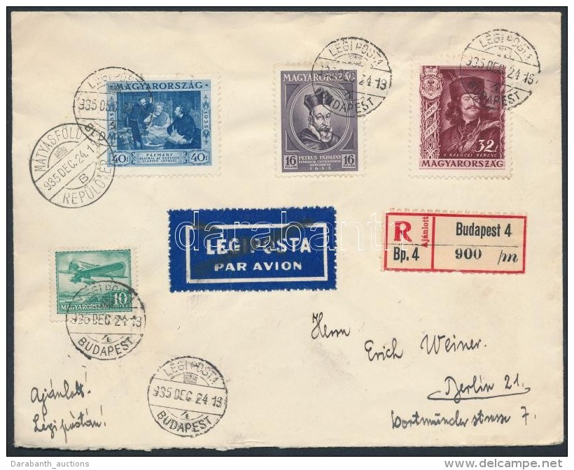 1935 Aj&aacute;nlott L&eacute;gi Lev&eacute;l Berlinbe / Registered Airmail Cover To Berlin - Autres & Non Classés