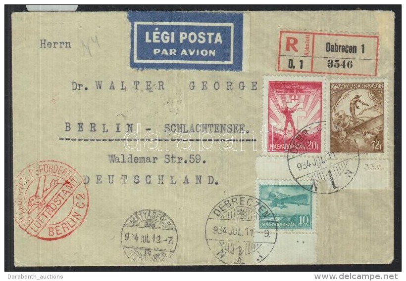 1934 Aj&aacute;nlott L&eacute;gi Lev&eacute;l Berlinbe / Registered Airmail Cover To Germany - Autres & Non Classés