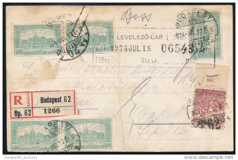 1924 Helyi Aj&aacute;nlott LevelezÅ‘lap 5 X 400K + 100K B&eacute;rmentes&iacute;t&eacute;ssel 'BUDAPEST' - Autres & Non Classés