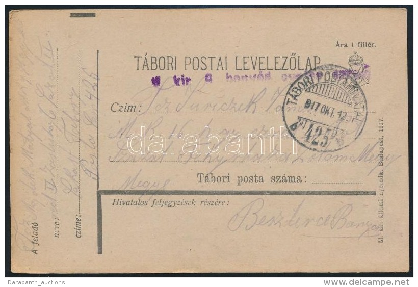 1917 T&aacute;bori Posta LevelezÅ‘lap 'M.kir. 9. Honv&eacute;d Gyalog Ezred' + 'TP 425 B' - Andere & Zonder Classificatie