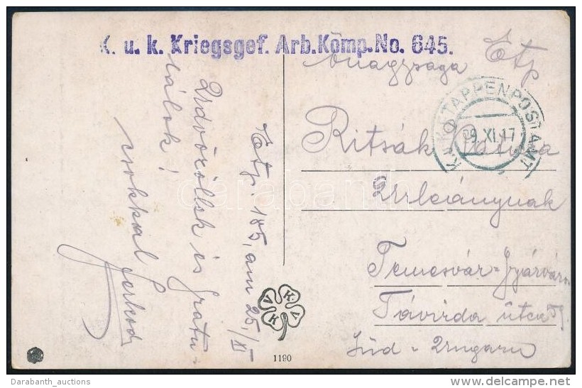 1917 T&aacute;bori Posta K&eacute;peslap 'K.u.K. Kriegsgef. Arb. Komp. No. 645.' - Andere & Zonder Classificatie