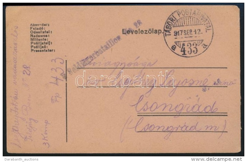 1917 T&aacute;bori Posta LevelezÅ‘lap 'K.u.k. Feldj&auml;gerbataillon No.28. Post' + 'TP 433 A' - Andere & Zonder Classificatie