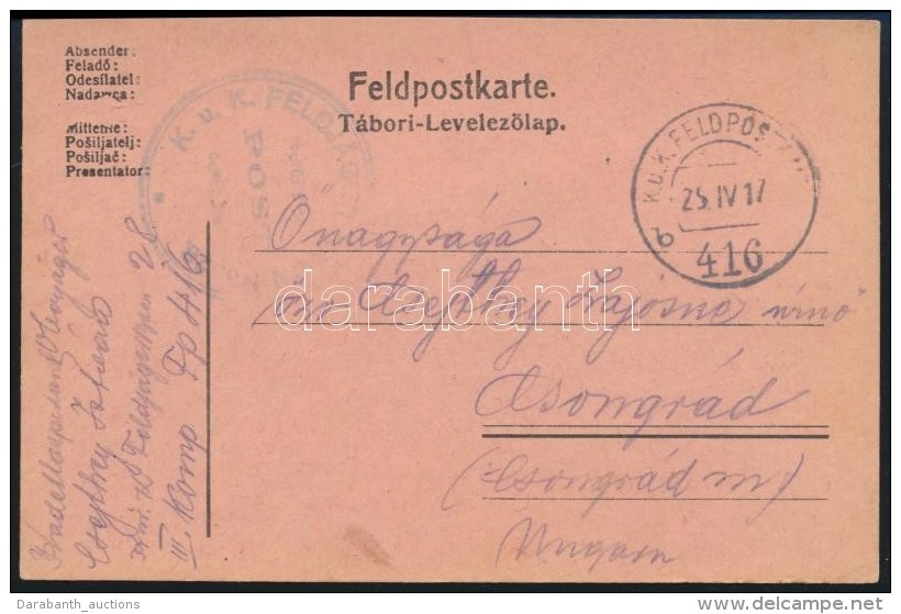 1917 T&aacute;bori Posta LevelezÅ‘lap 'K.u.k. FELDJ&Auml;GER BAON No.28.' + 'FP 416 B' - Andere & Zonder Classificatie