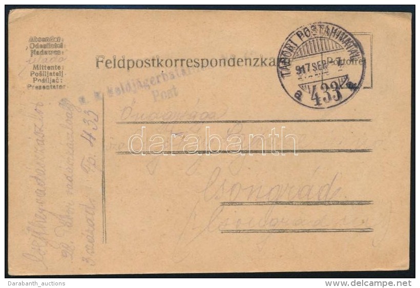 1917 T&aacute;bori Posta LevelezÅ‘lap 'K.u.k. Feldj&auml;gerbataillon No.28. Post' + 'TP 433 A' - Autres & Non Classés