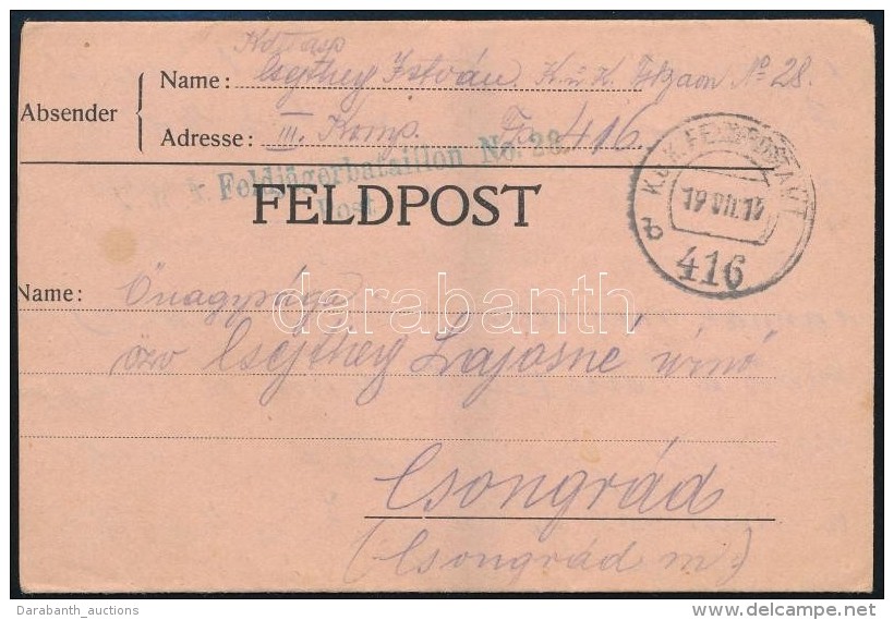1917 T&aacute;bori Posta LevelezÅ‘lap 'K.u.k. Feldj&auml;gerbataillon No.28' + 'FP 416 B' - Andere & Zonder Classificatie