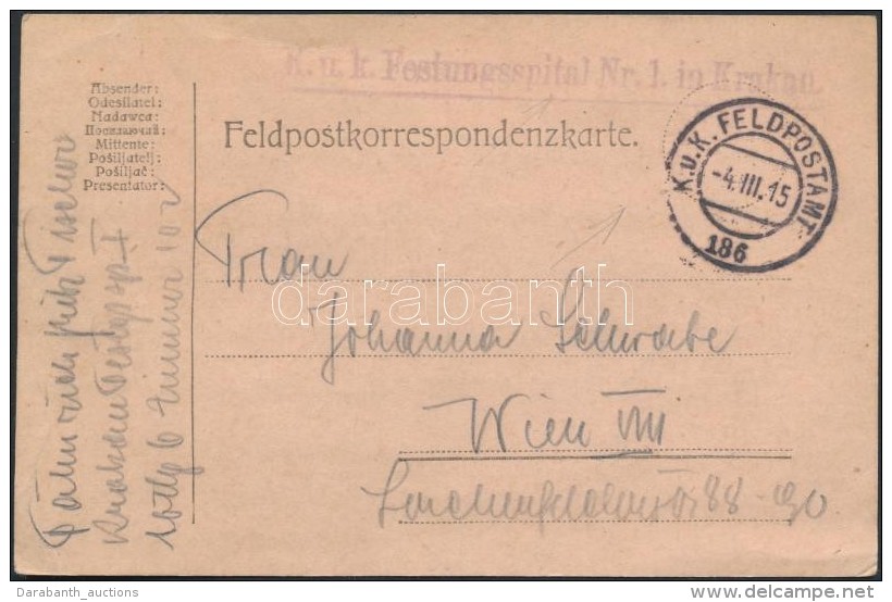 1915 T&aacute;bori Posta LevelezÅ‘lap 'K.u.k. Festungsspital Nr.1. In Krakau' + 'FP 186' - Andere & Zonder Classificatie