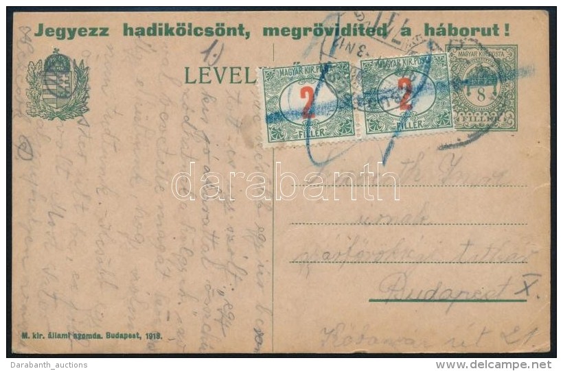 1918 8f D&iacute;jjegyes LevelezÅ‘lap, B&eacute;lyeghi&aacute;ny Miatt 2 X 2 Fill&eacute;rrel Port&oacute;zva - Autres & Non Classés