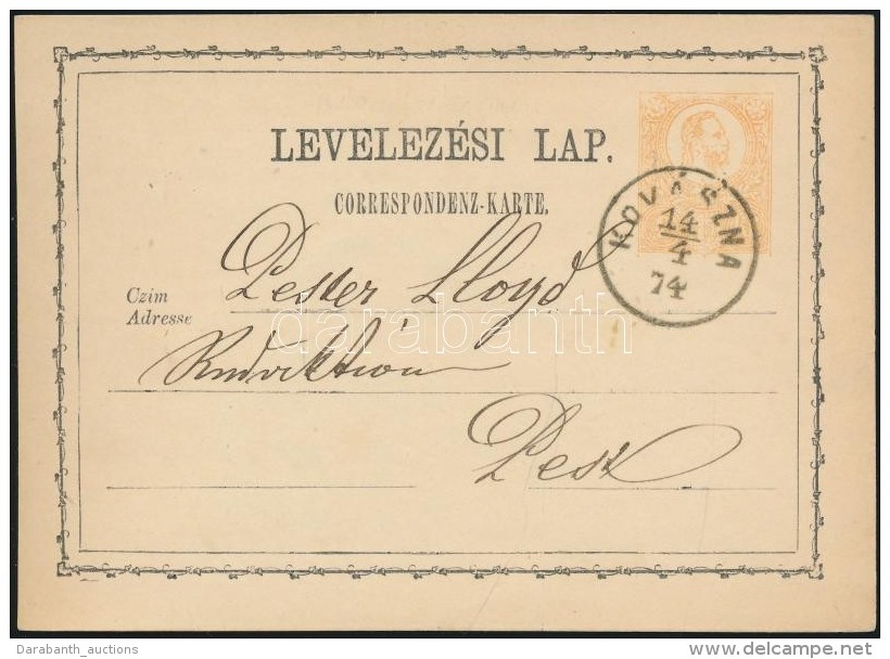 1874 2kr D&iacute;jjegyes LevelezÅ‘lap / PS-card 'KOV&Aacute;SZNA' - Budapest/FÅ‘posta - Autres & Non Classés