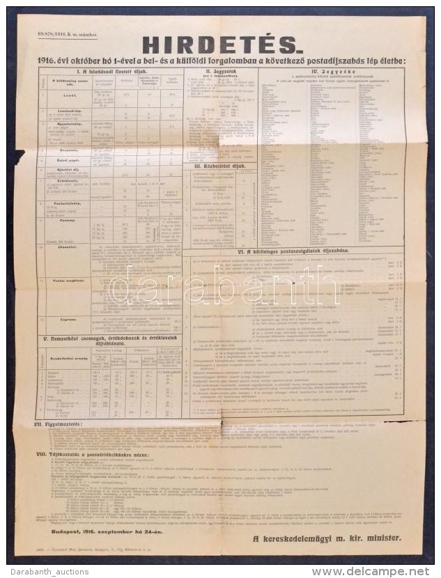 1916 Hirdet&eacute;s A Bel- &eacute;s K&uuml;lf&ouml;ldi Postad&iacute;jszab&aacute;sokr&oacute;l - Other & Unclassified