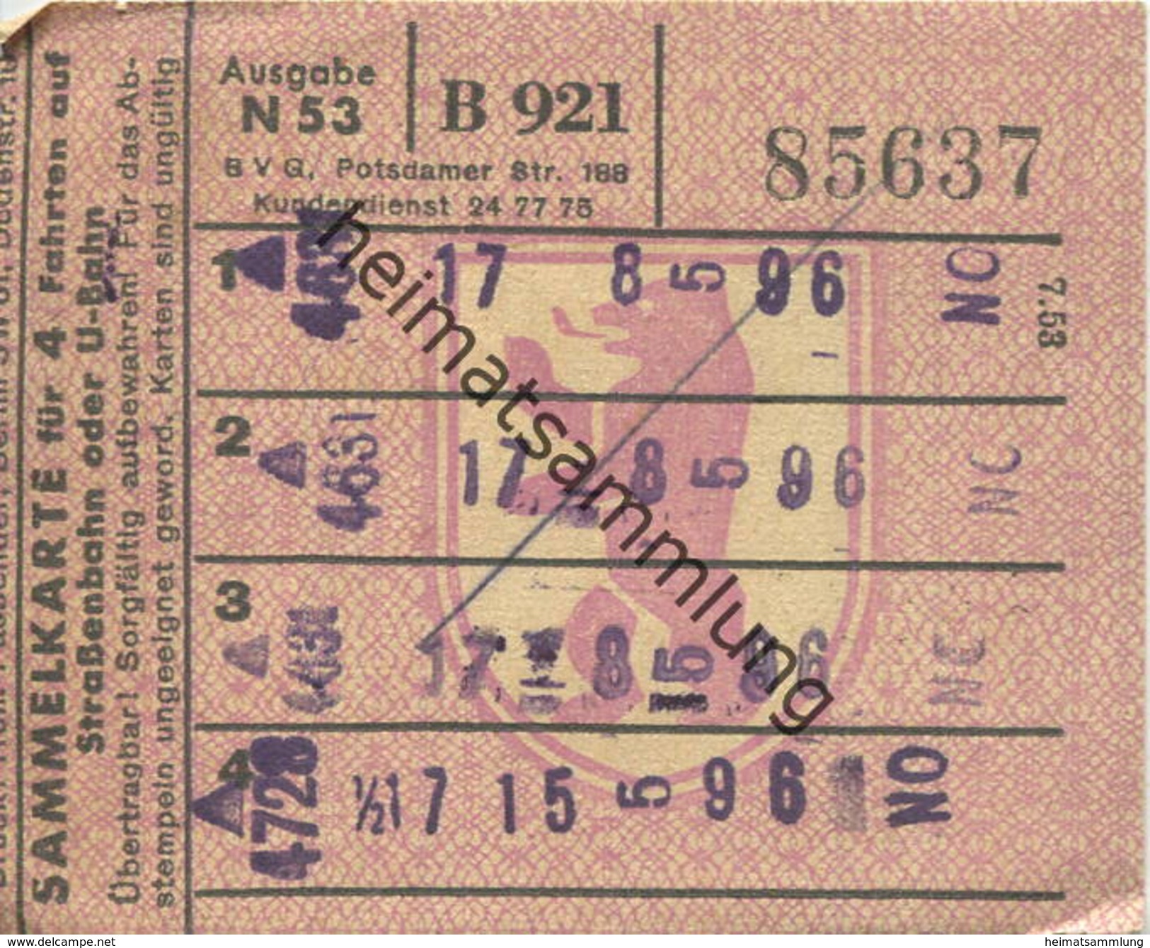 Deutschland - Berlin - BVG - Sammelkarte Für 4 Fahrten Auf Strassenbahn Oder U-Bahn 1953 - Europa