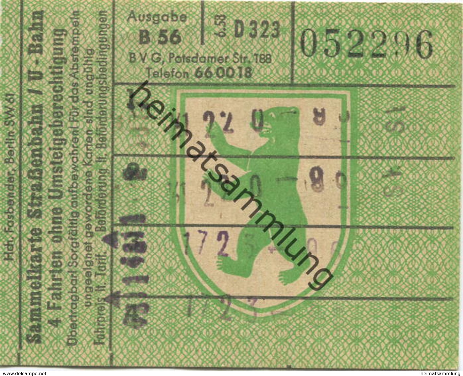 Deutschland - Berlin - BVG - Sammelkarte - Strassenbahn / U-Bahn 4 Fahrten Ohne Umsteigeberechtigung 1958 - Rückseitig W - Europa