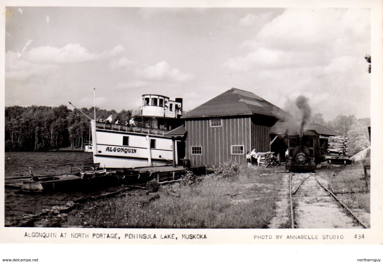 Peninsula Lake, Ontario, Canada, Steamer "Algonquin" & Steam Train At North Portage, Old Annabelle RPPC, Muskoka County - Muskoka