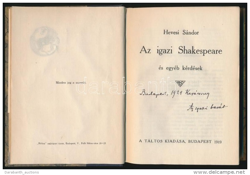 Hevesi S&aacute;ndor: Az Igazi Shakespeare &eacute;s Egy&eacute;b K&eacute;rd&eacute;sek. Bp., 1919, T&aacute;ltos.... - Non Classés