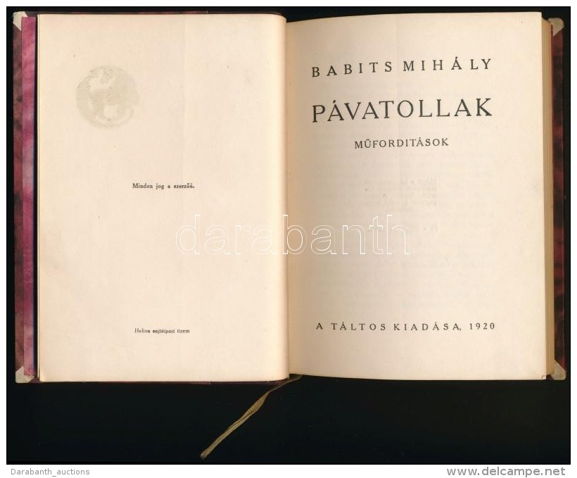 Babits Mih&aacute;ly: P&aacute;vatollak. MÅ±ford&iacute;t&aacute;sok. Bp., 1920, T&aacute;ltos. Babits... - Sin Clasificación