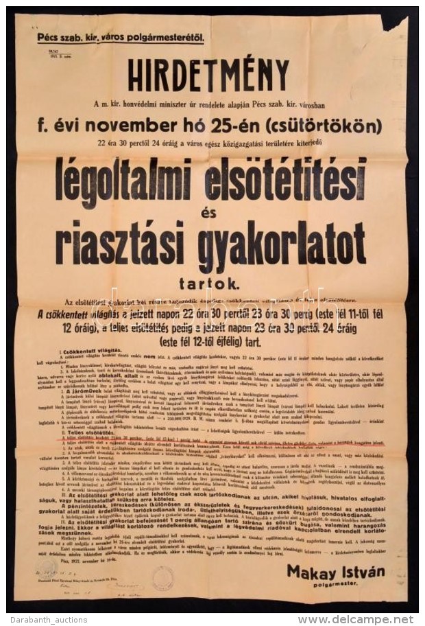 1937 L&eacute;giriad&oacute; Gyakorlat Hirdetm&eacute;nye. P&eacute;cs. Egyetemi Nyomda. Rajta Enged&eacute;lyezÅ‘... - Otros & Sin Clasificación