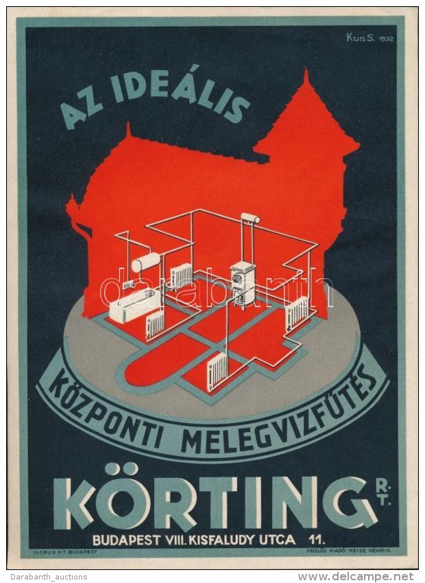 1932 Bp., Az Ide&aacute;lis K&ouml;zponti Melegv&iacute;z-fÅ±t&eacute;s K&ouml;rting Rt., Kisplak&aacute;t, Kun S.... - Otros & Sin Clasificación