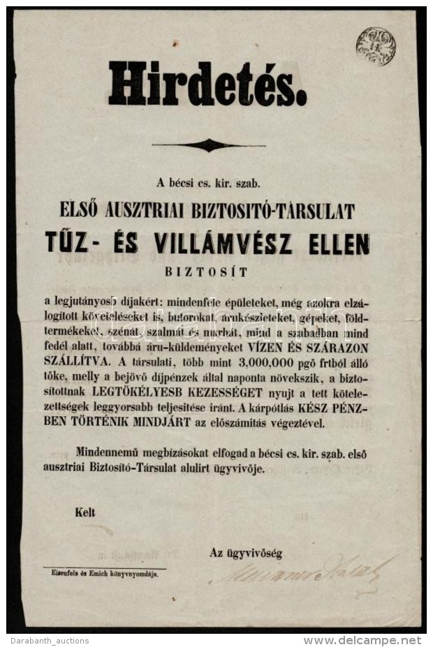 1853 Az ElsÅ‘ Ausztriai Biztos&iacute;t&oacute; T&aacute;rsulat Rekl&aacute;m Hirdetm&eacute;nye .1/2K... - Autres & Non Classés