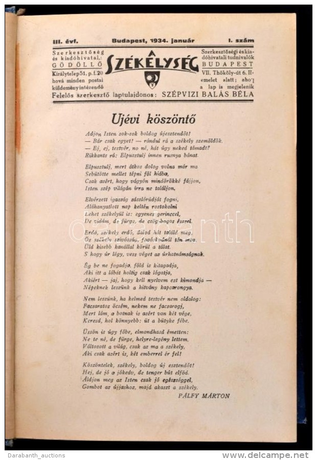 1934 A Sz&eacute;kelys&eacute;g C. &uacute;js&aacute;g. Szerk Sz&eacute;pvizi Bal&aacute;s B&eacute;la.  Teljes... - Sin Clasificación