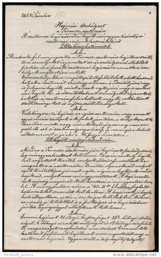 1873 Haj&oacute;z&aacute;si Szab&aacute;lyzat A Frissen &aacute;tadott Ferenc Csatorn&aacute;n / 1873 Regulations... - Sin Clasificación