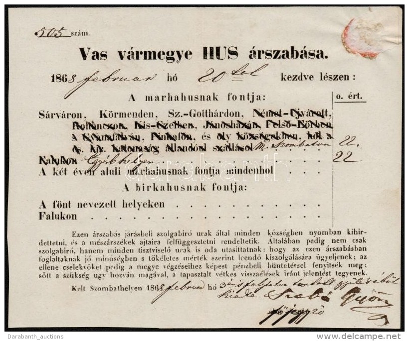 1858 Vas Megyei Magyar NyelvÅ± H&uacute;s&aacute;r&uacute; Hirdetm&eacute;ny - Sin Clasificación