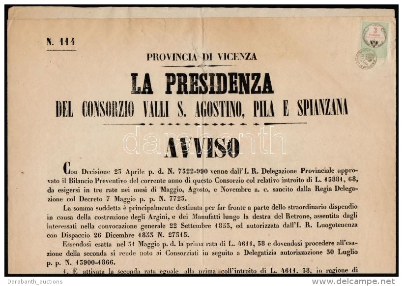 1855 Vicenza, Olasz NyelvÅ± Hirdetm&eacute;ny 3c Hirdetm&eacute;nyb&eacute;lyeggel / Vicenza Italian Poster With 3c... - Sin Clasificación