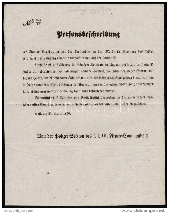 1850 Lamberg Ferenc F&uuml;l&ouml;p T&aacute;bornagy, Kinevezett N&aacute;dor, (akit A Pesti T&ouml;meg 1848-ban... - Non Classés