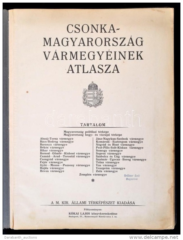 1934 Csonka-Magyarorsz&aacute;g V&aacute;rmegy&eacute;inek Atlasza. Bp.,(1934), M. Kir. &Aacute;llami... - Otros & Sin Clasificación