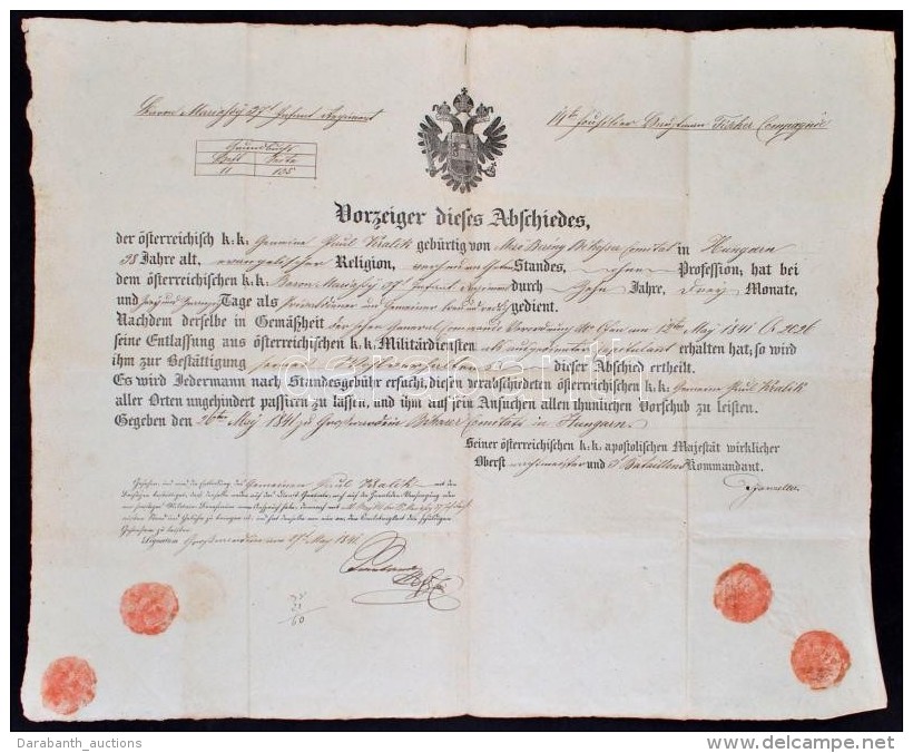 1841 Magyar Katona Elbocs&aacute;jt&oacute; Levele / Hungarian Soldier Disarming Warrant 56x48 Cm - Otros & Sin Clasificación